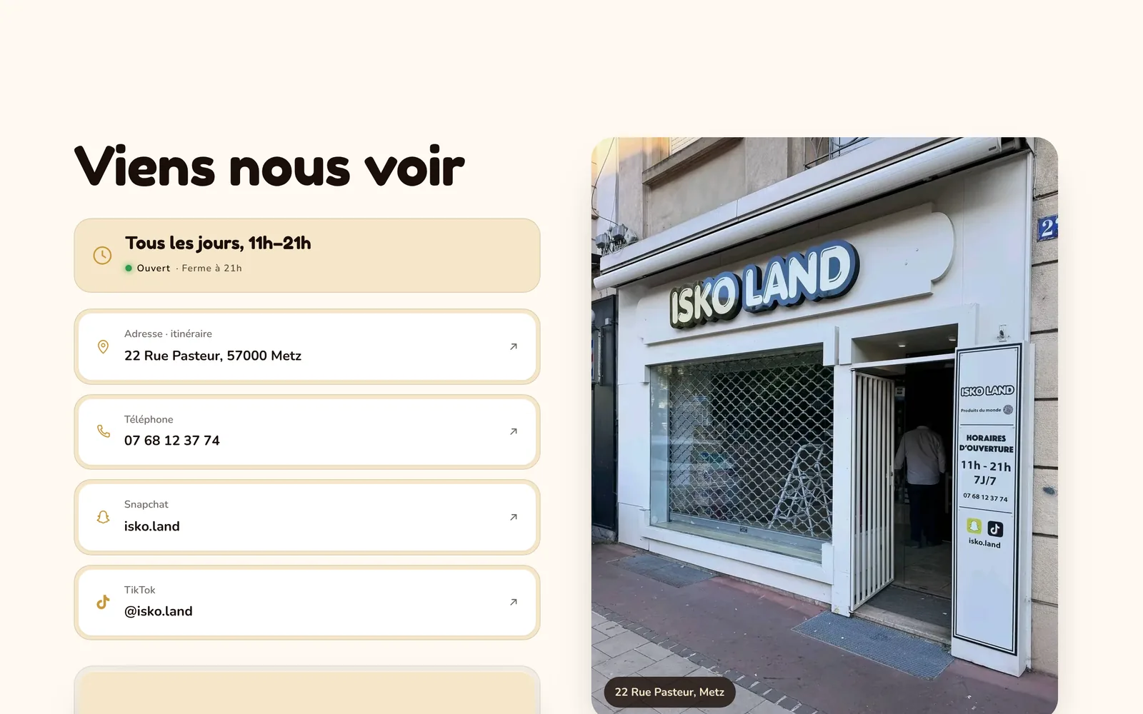 Section Viens nous voir : horaires, adresse, réseaux et photo de la devanture
