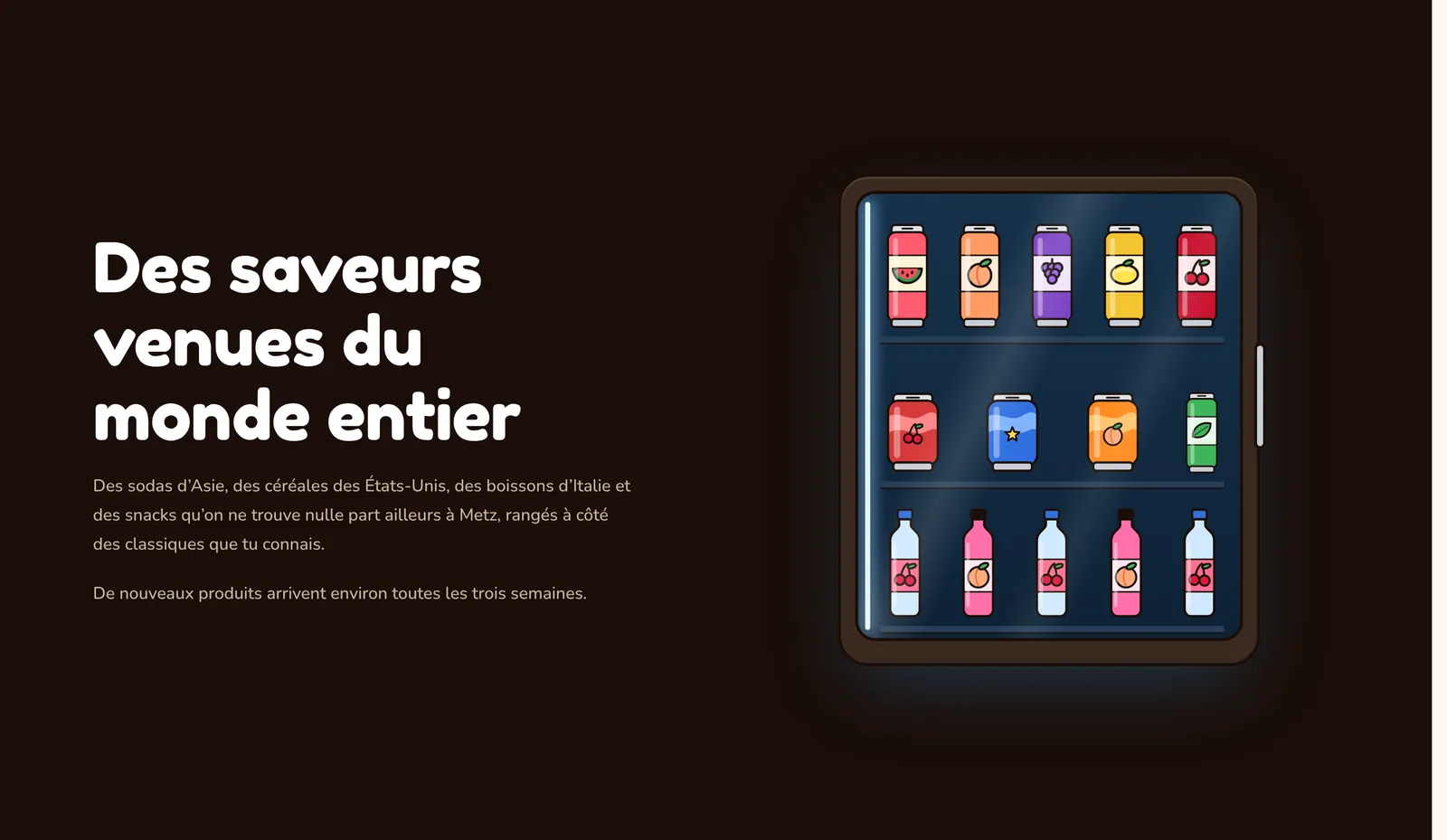 Section Saveurs du monde avec un frigo illustré rempli de boissons