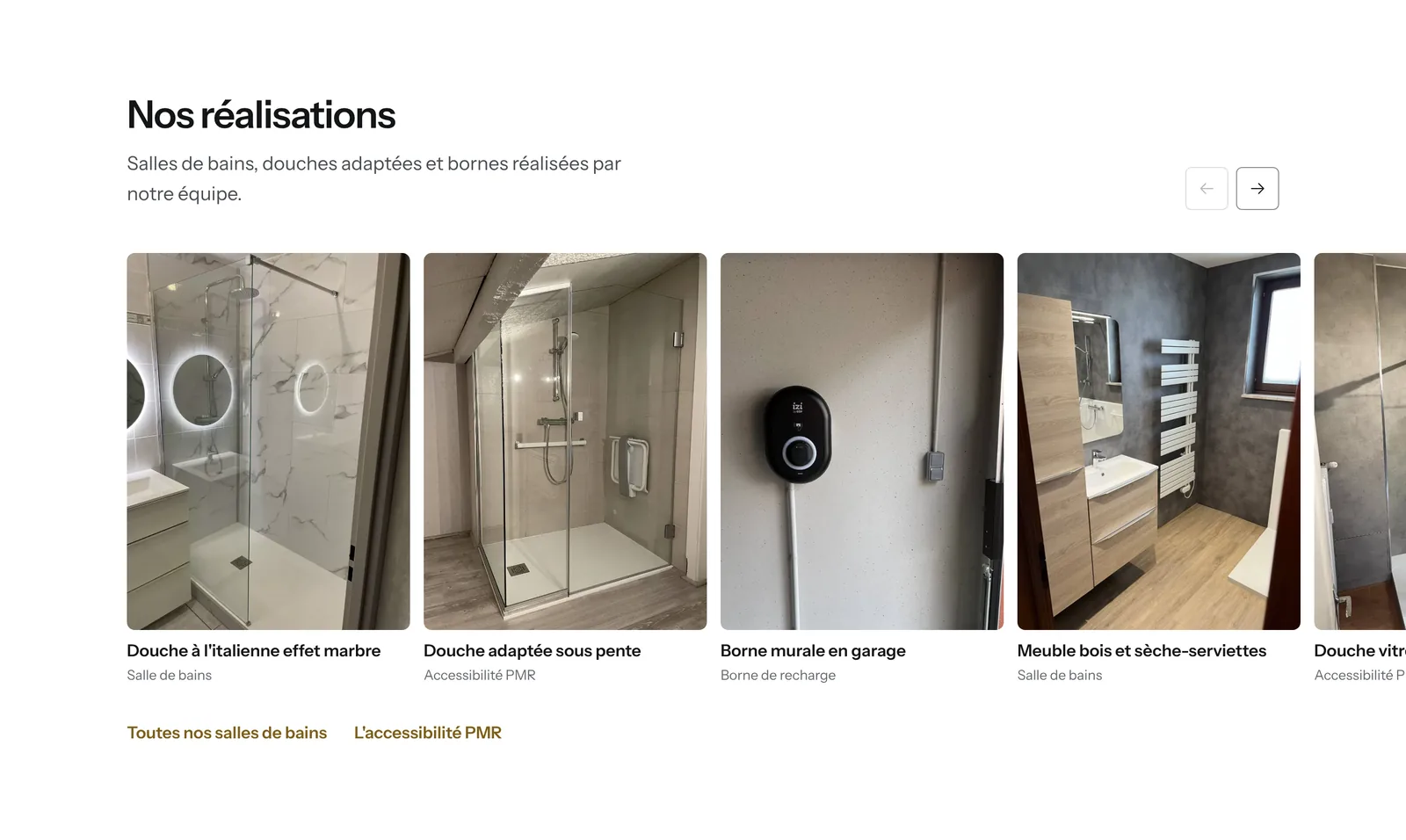 Section Nos réalisations du site Rénove et Décor, avec des photos de salles de bains et d’une borne de recharge